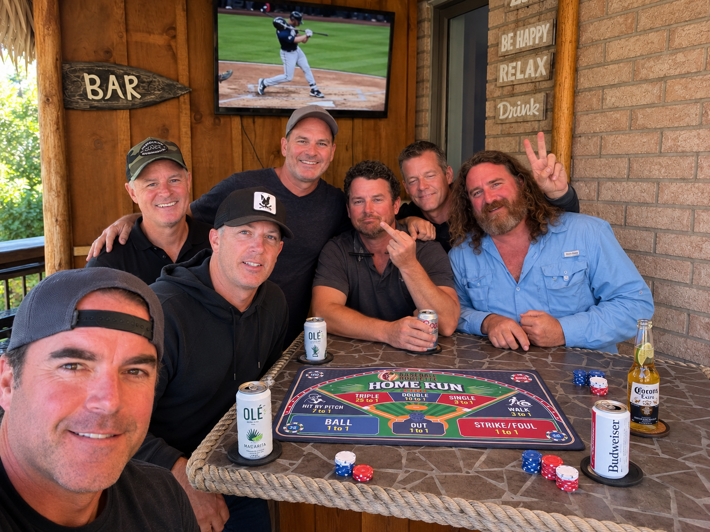 Friends gathered around Baseball Roulette during a baseball watch party